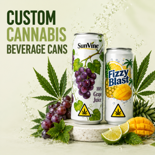 Custom cannabis beverage cans with various THC drink packaging designs