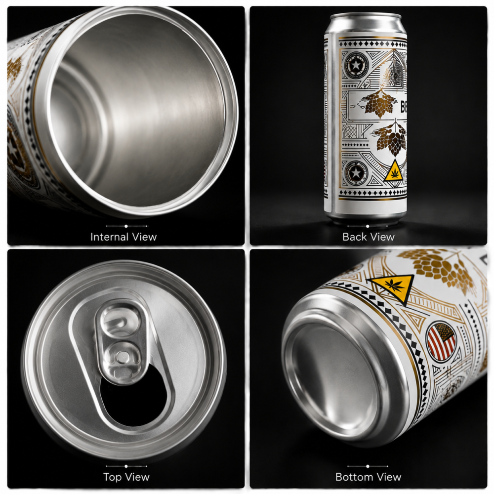 Custom aluminum cannabis beverage cans with premium THC drink packaging details