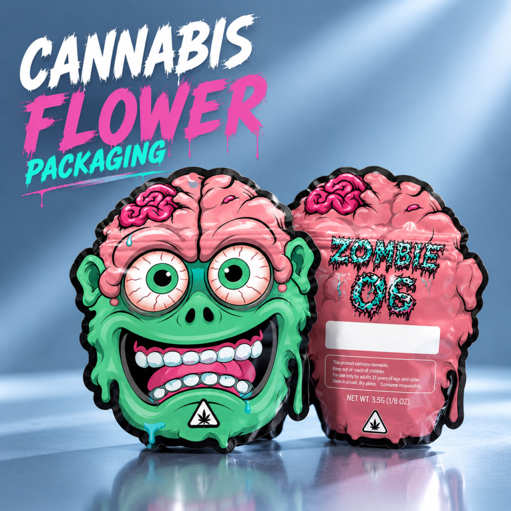 Custom cannabis flower packaging bags with printed designs