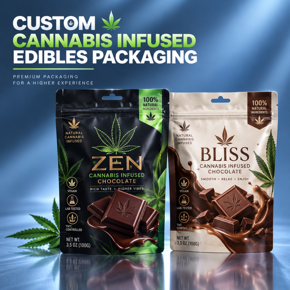 Custom Cannabis Snack Mylar Stand Up Pouches | Edible Zipper Bags, Resealable Food Pouches