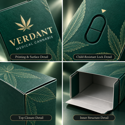 custom child resistant cannabis packaging boxes with locking structure and printing details