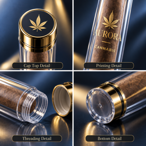 plastic pre-roll tube cap and printing details