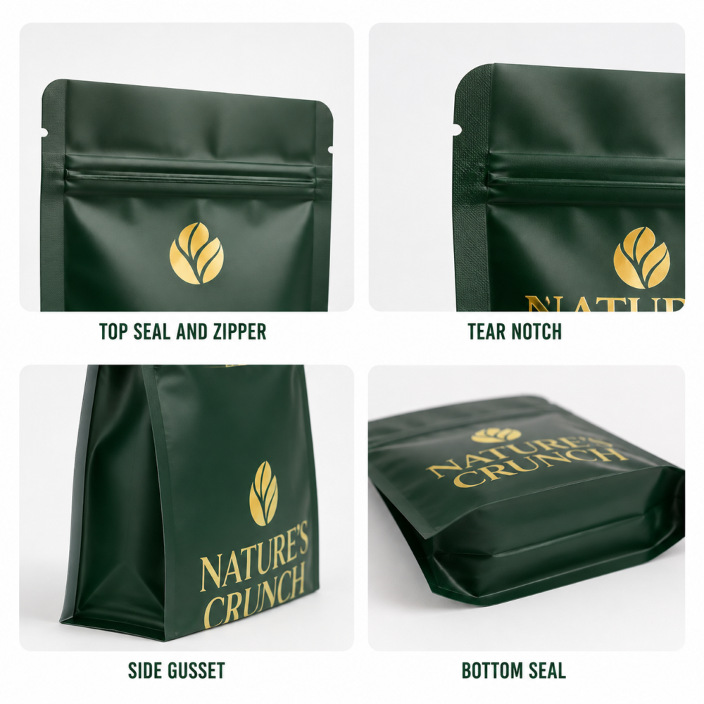 3 side seal aluminum foil stand up pouches with top seal, zipper and gusset details
