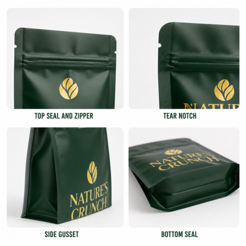 3 side seal aluminum foil stand up pouches with top seal, zipper and gusset details
