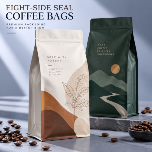 Custom Eight Side Seal Coffee Pouches | Coffee Bean Bags with Valve and Custom Printing
