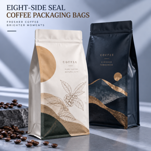 Custom Eight Side Seal Coffee Pouches | Coffee Bean Bags with Valve and Custom Printing