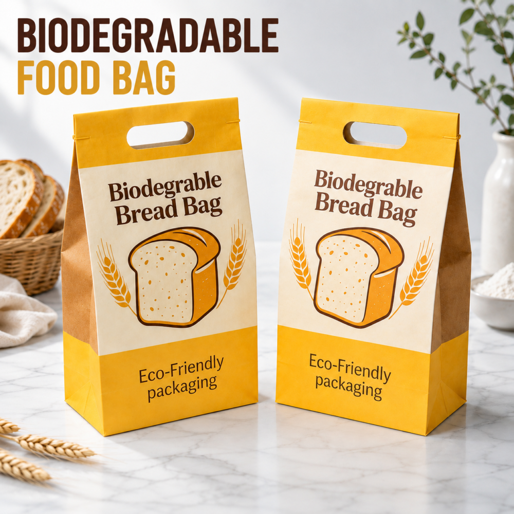 Custom biodegradable food paper bags with handle and bread packaging structure