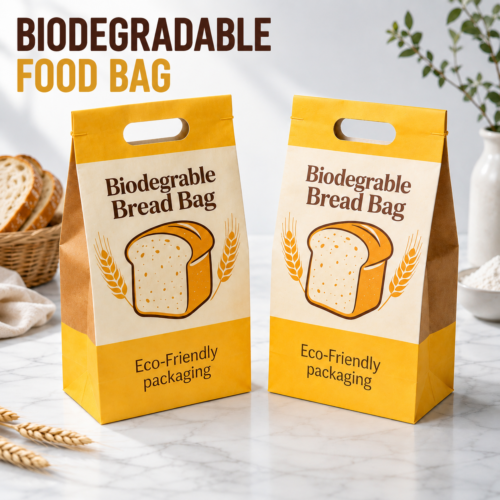 Custom biodegradable food paper bags with handle and bread packaging structure