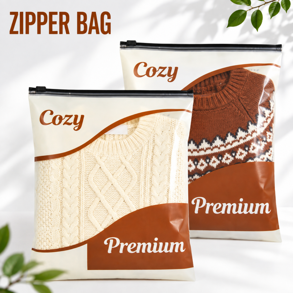 Custom clothing zipper bags with printed designs for garment packaging