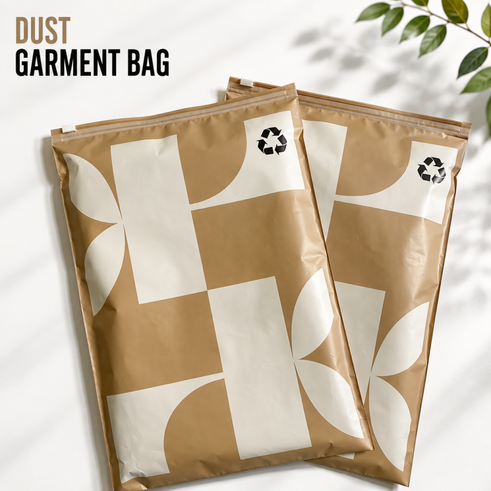 Custom biodegradable garment bags with printed design for sustainable clothing packaging