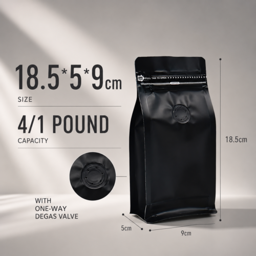 Black Eight Side Seal Coffee Bags with One-Way Degassing Valve