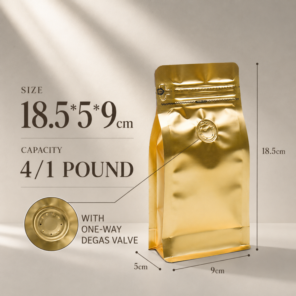 Gold Eight Side Seal Coffee Bags with Valve for Custom Coffee Packaging