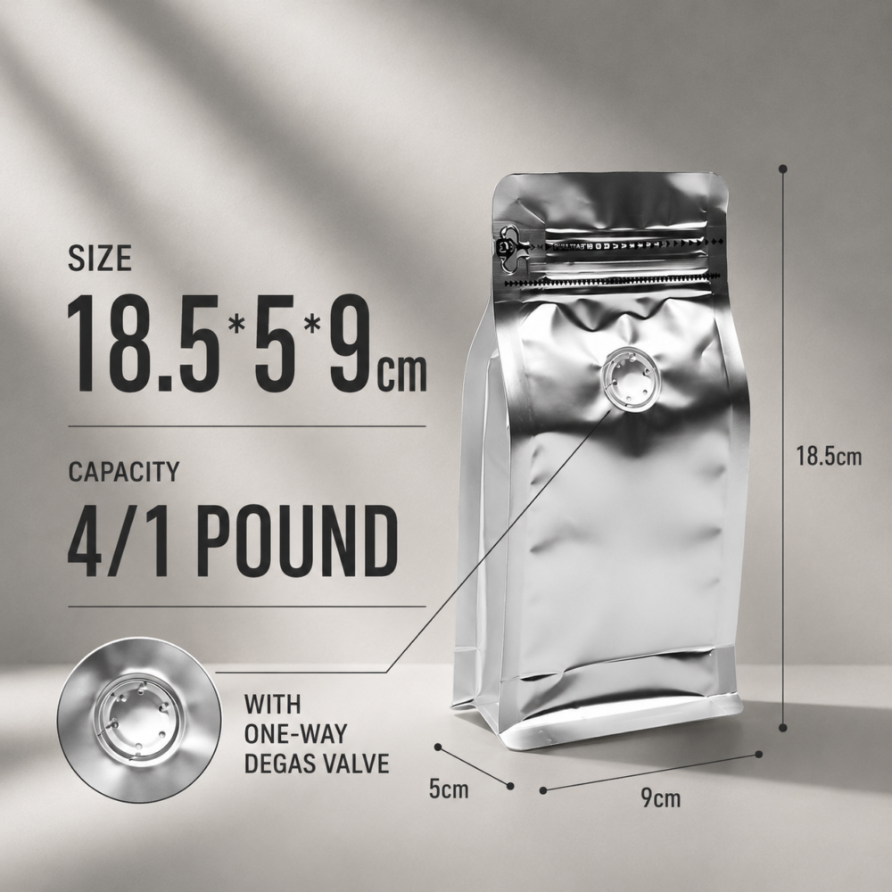 Silver Eight Side Seal Coffee Bags with Valve with High Barrier Packaging