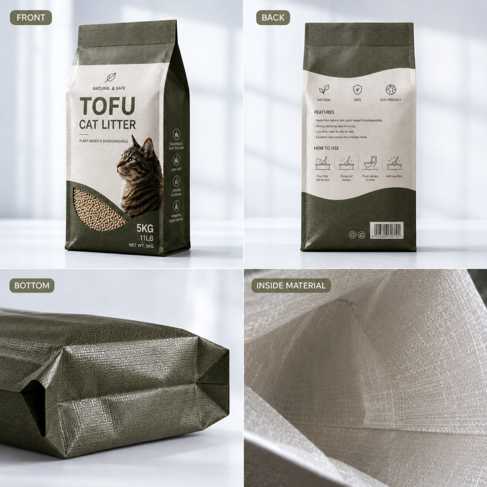 Flat bottom cat litter packaging bag structure and construction details