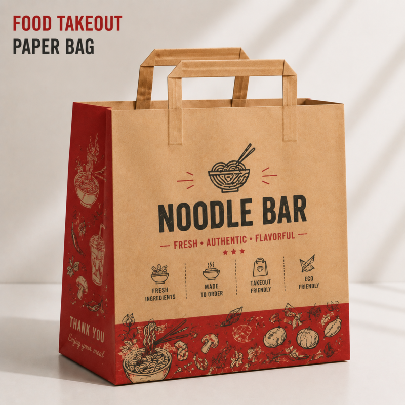 Custom Takeout Paper Bags - Custom Printed Kraft Paper Food Packaging Bags with Handles