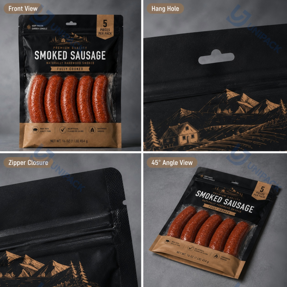 Custom Frozen Food Packaging Bags with Front, Back and Side View Details
