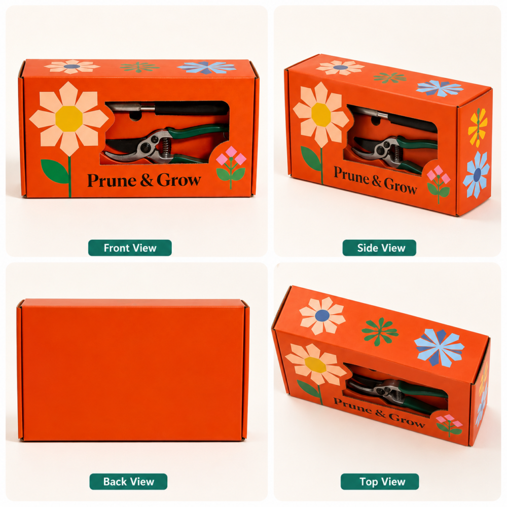 Custom garden tool set packaging boxes with front, side and top view details