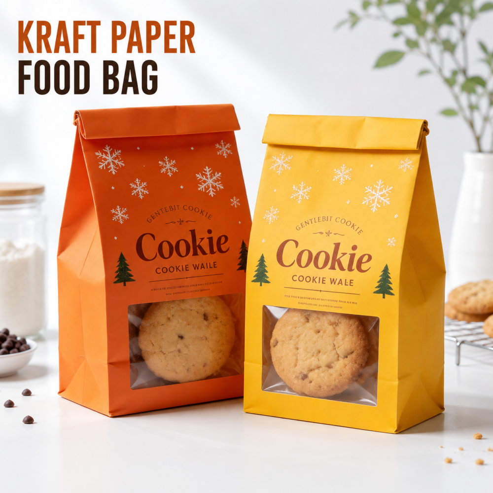Kraft paper food bags with window for snack and bakery packaging