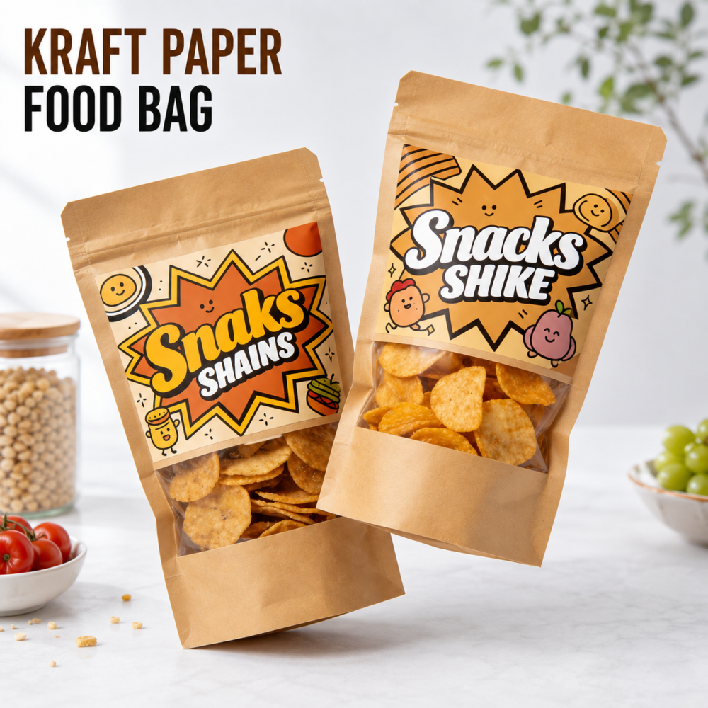 Custom kraft paper food bags with window with front and side view details