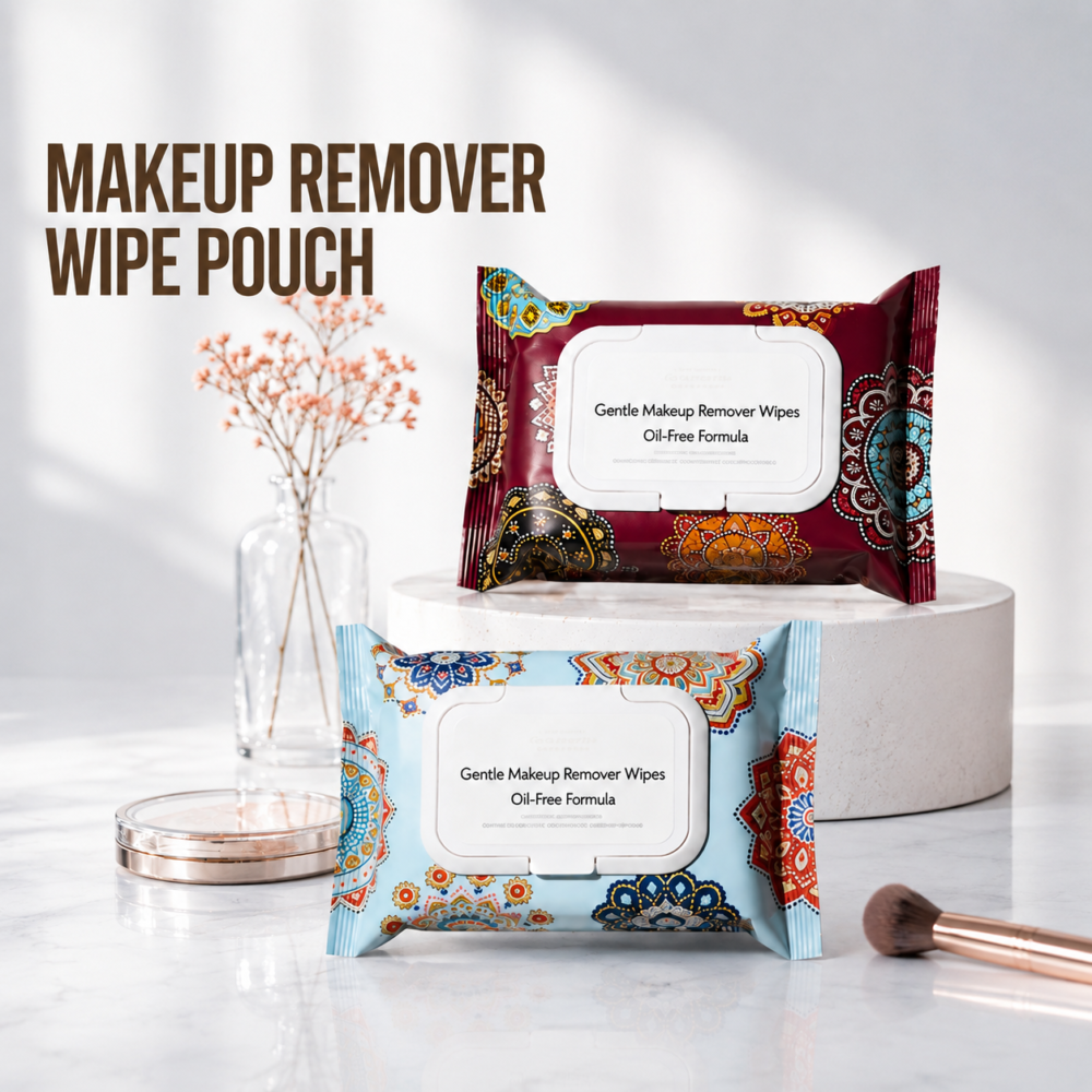 Custom makeup remover wipe pouches with flip lid and resealable structure
