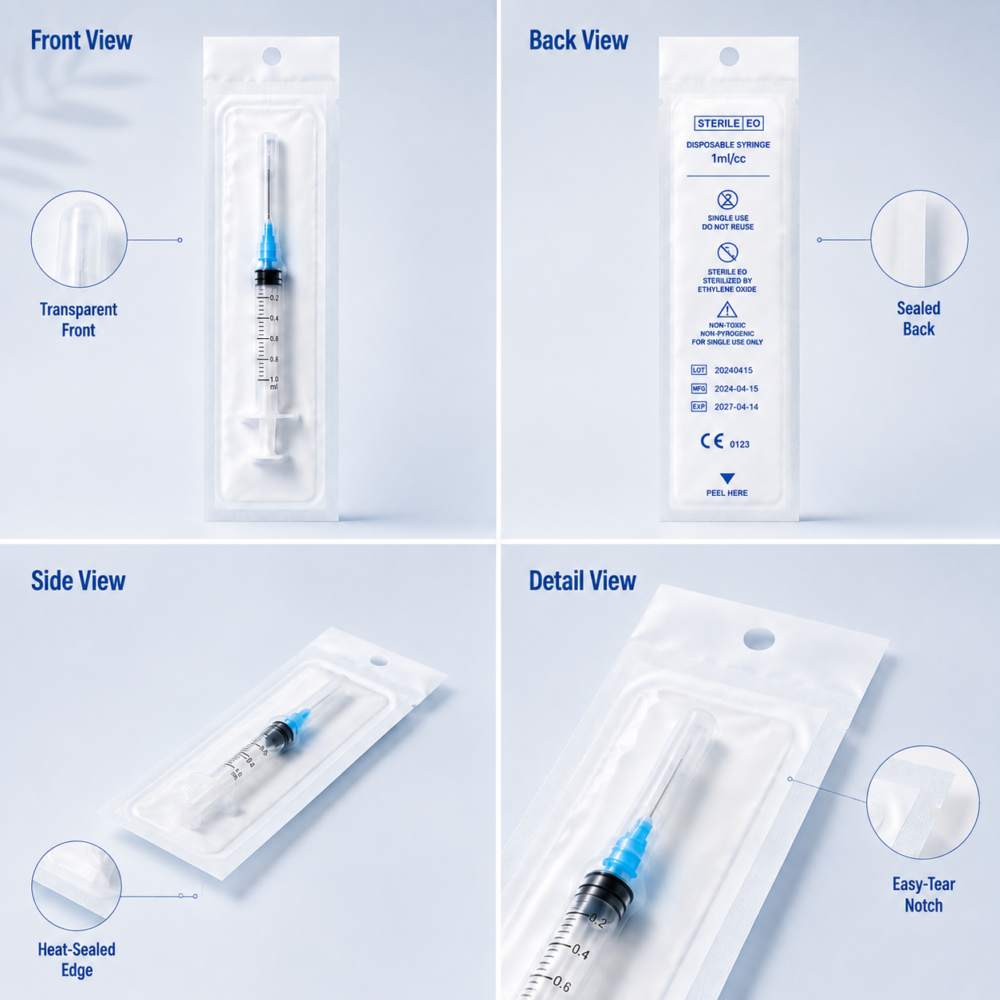 Custom Medical Packaging Pouches-略缩图4 Custom medical pouch packaging with front back and side view details