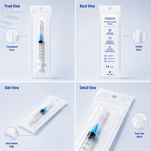 Custom Medical Packaging Pouches-略缩图4 Custom medical pouch packaging with front back and side view details
