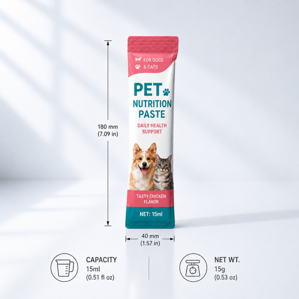Custom pet food packaging bags with size and weight details