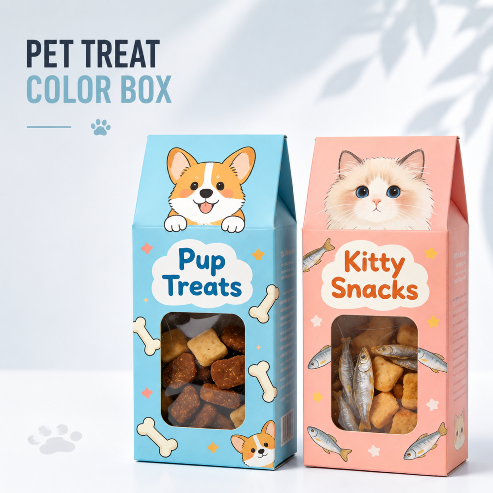 custom pet treat packaging boxes with window design for dog treats and pet snacks