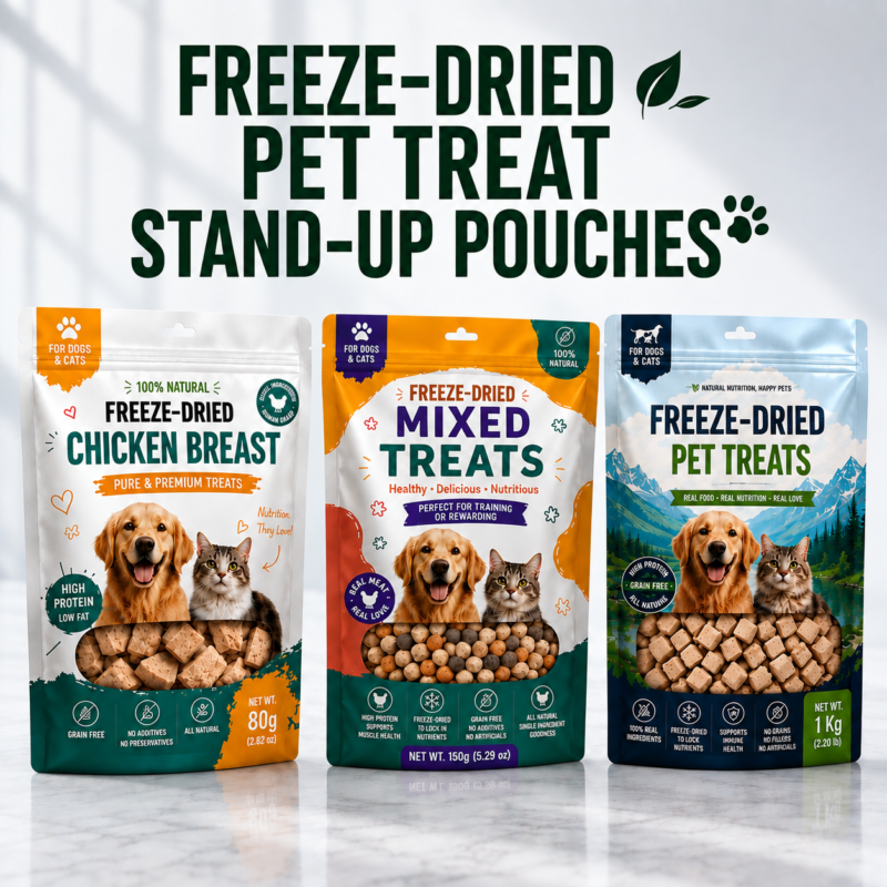 Custom pet treat stand up pouches for freeze-dried pet food packaging