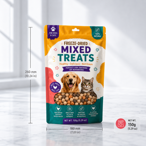 Custom printed pet treat stand up pouches for freeze-dried pet treats