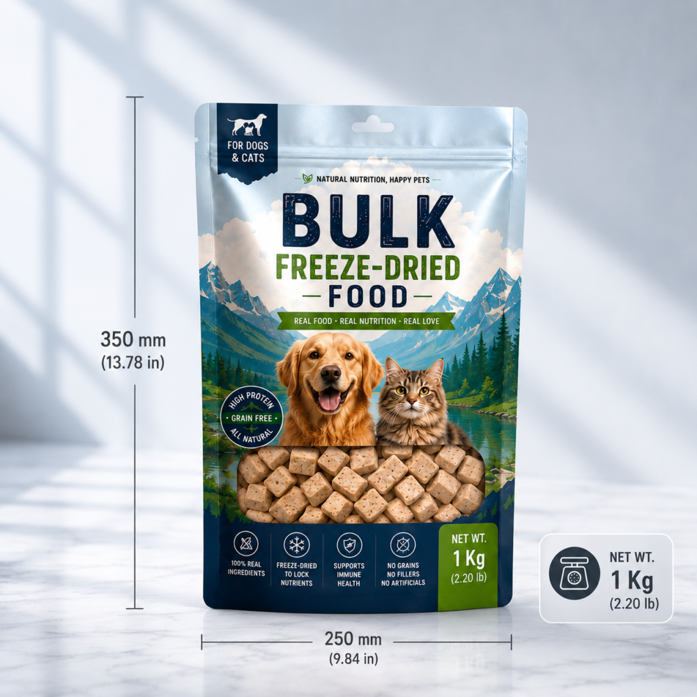Custom pet treat stand up pouches for bulk freeze-dried pet food