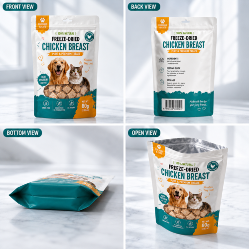 Pet treat stand up pouch structure and packaging details