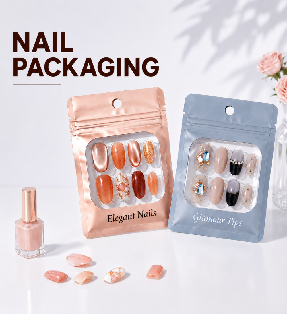 Custom press on nail packaging bags with transparent window