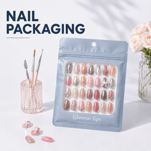 Custom press on nail packaging bags with front, back and side view details