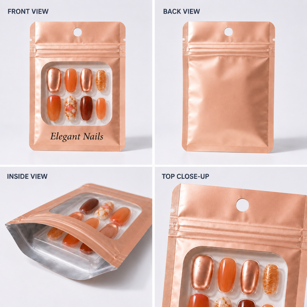 Press on nail packaging bags with custom printing and nail set display window