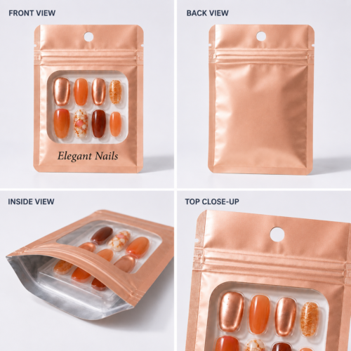 Press on nail packaging bags with custom printing and nail set display window