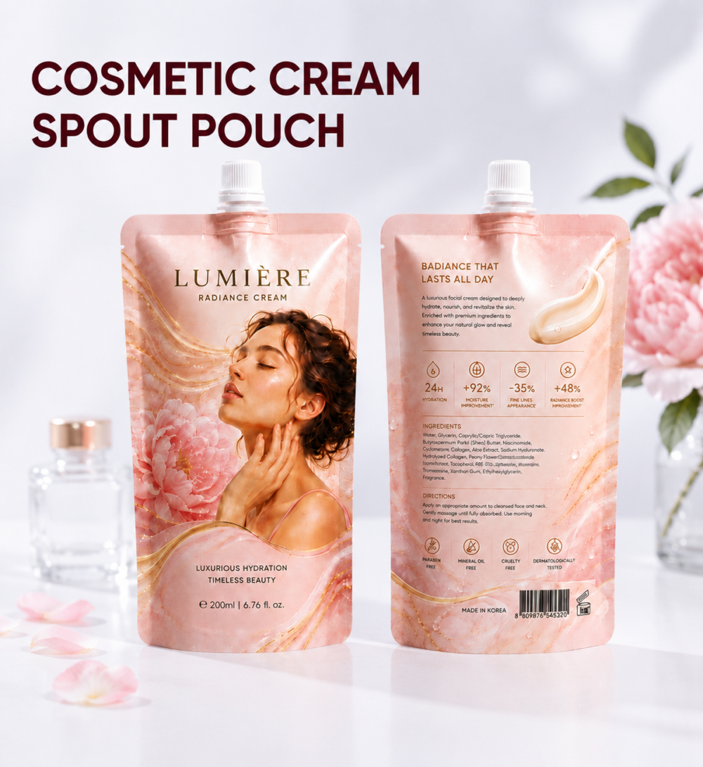Custom Spout Pouch Packaging For Cosmetics With Refill Pouch Design