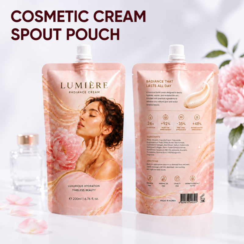 Custom Spout Pouch Packaging For Cosmetics With Refill Pouch Design