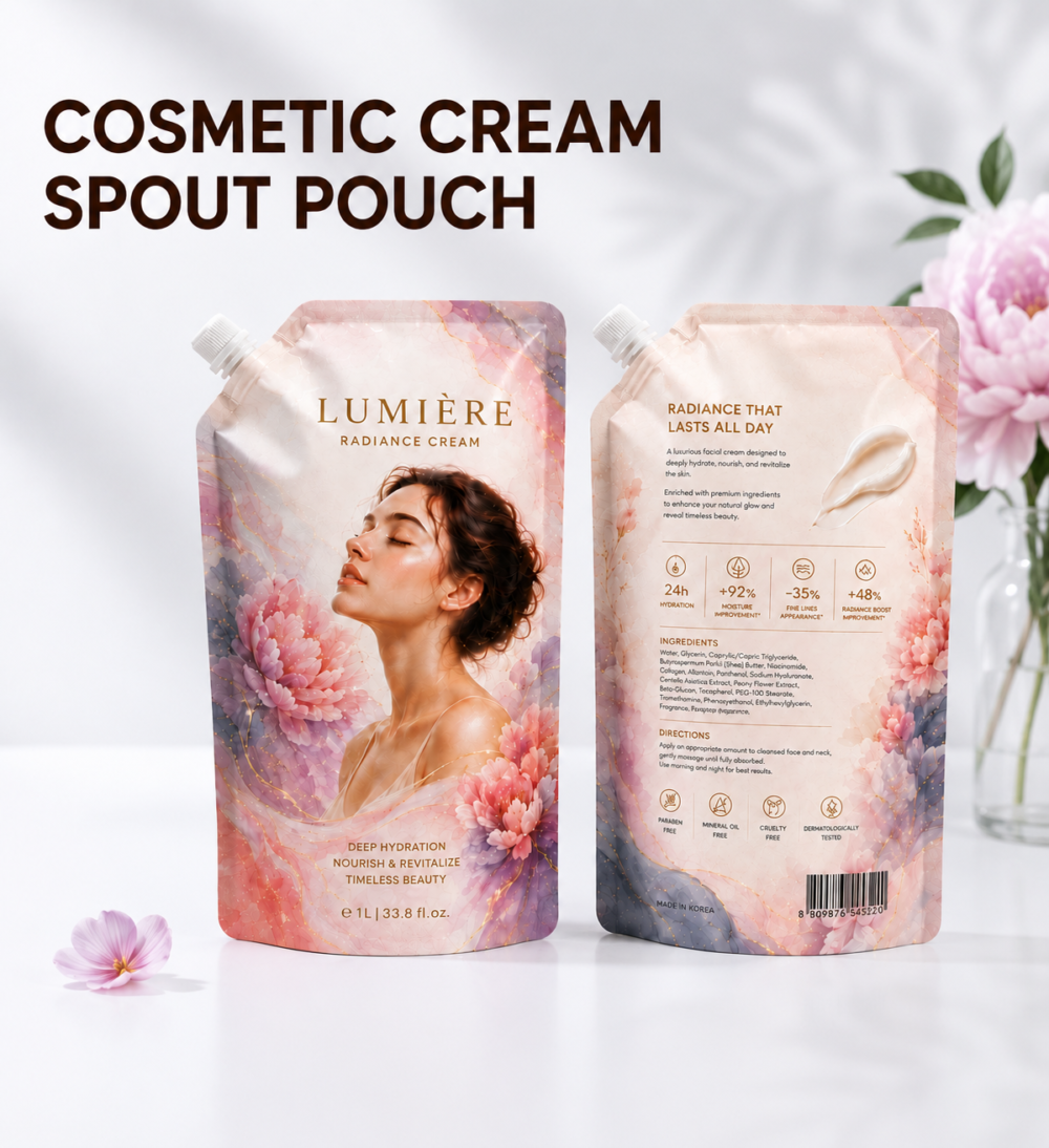 Cosmetic Spout Pouch Packaging Structure And Custom Printing Details