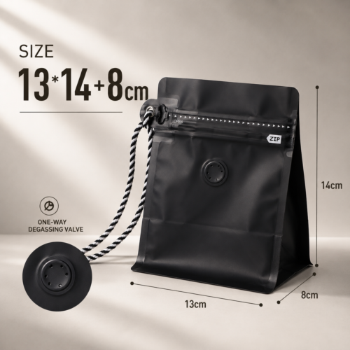 Custom stand up coffee bags with handle valve with size and capacity details