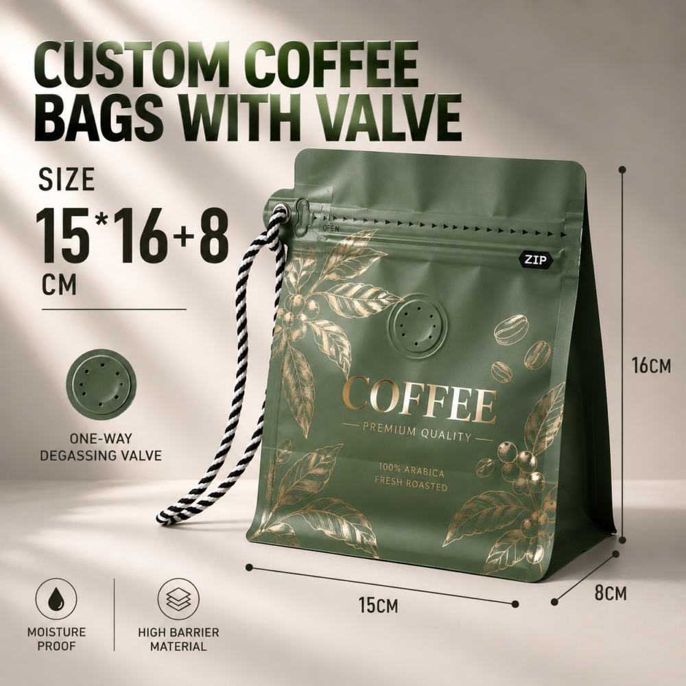 Custom Stand Up Coffee Bags with Handle & Valve-略缩图2 Custom One-Way Degassing Valve Coffee Bags | Valved Coffee Pouches | Roasted Coffee Bags