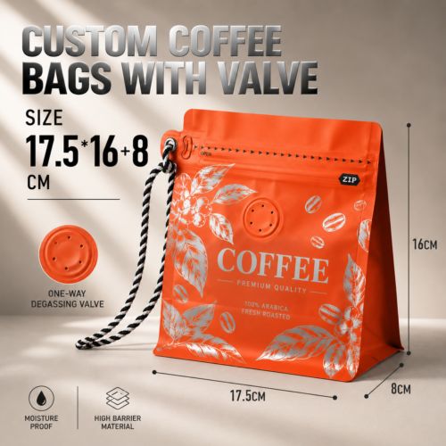 Custom Stand Up Coffee Bags with Handle & Valve-略缩图3 Custom One-Way Degassing Valve Coffee Bags | Valved Coffee Pouches | Roasted Coffee Bags