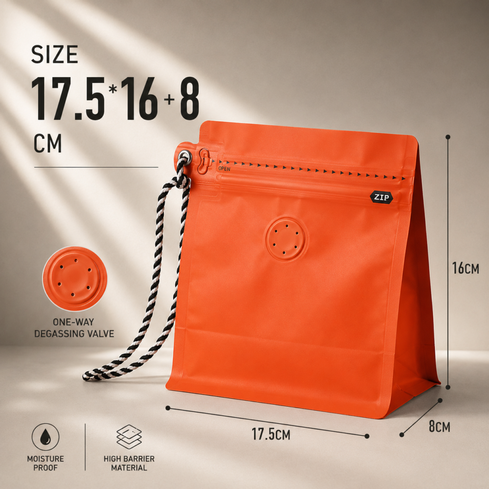 Stand up coffee bags with handle and one-way degassing valve detail