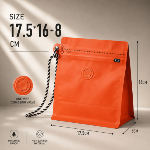 Stand up coffee bags with handle and one-way degassing valve detail