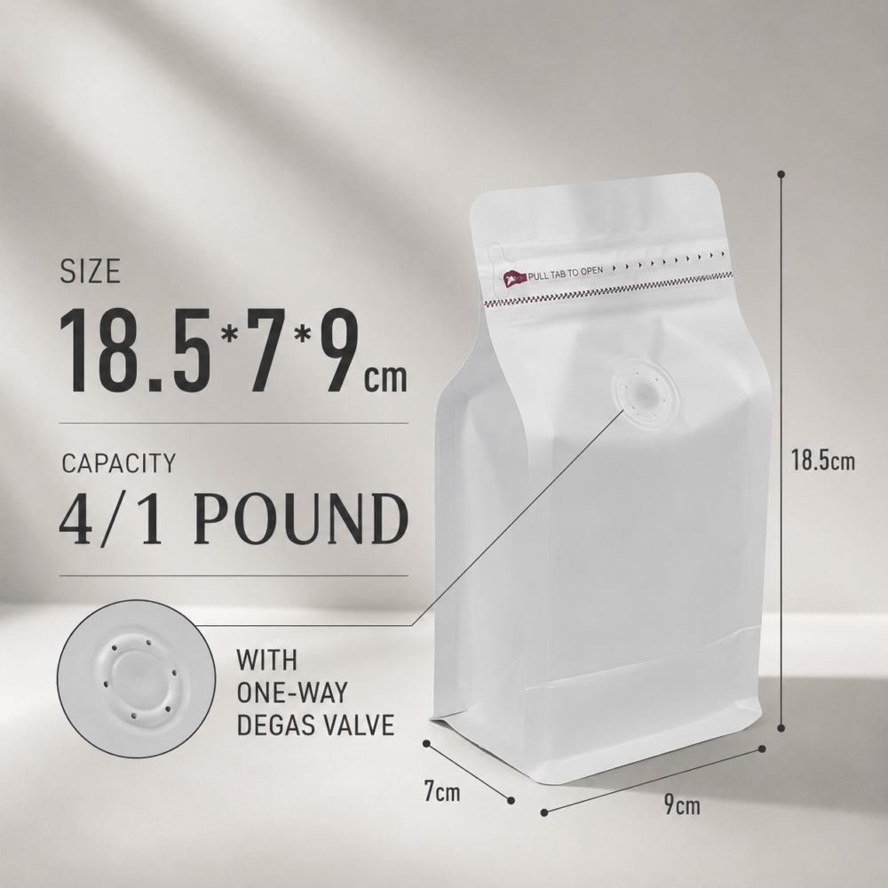 Custom Stand Up Coffee Bags with Valve with Size and Structure Details