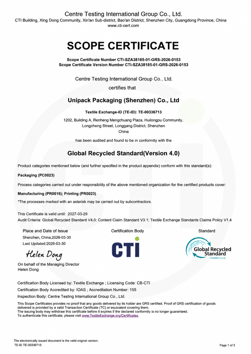 UNIPACK GRS Scope Certificate