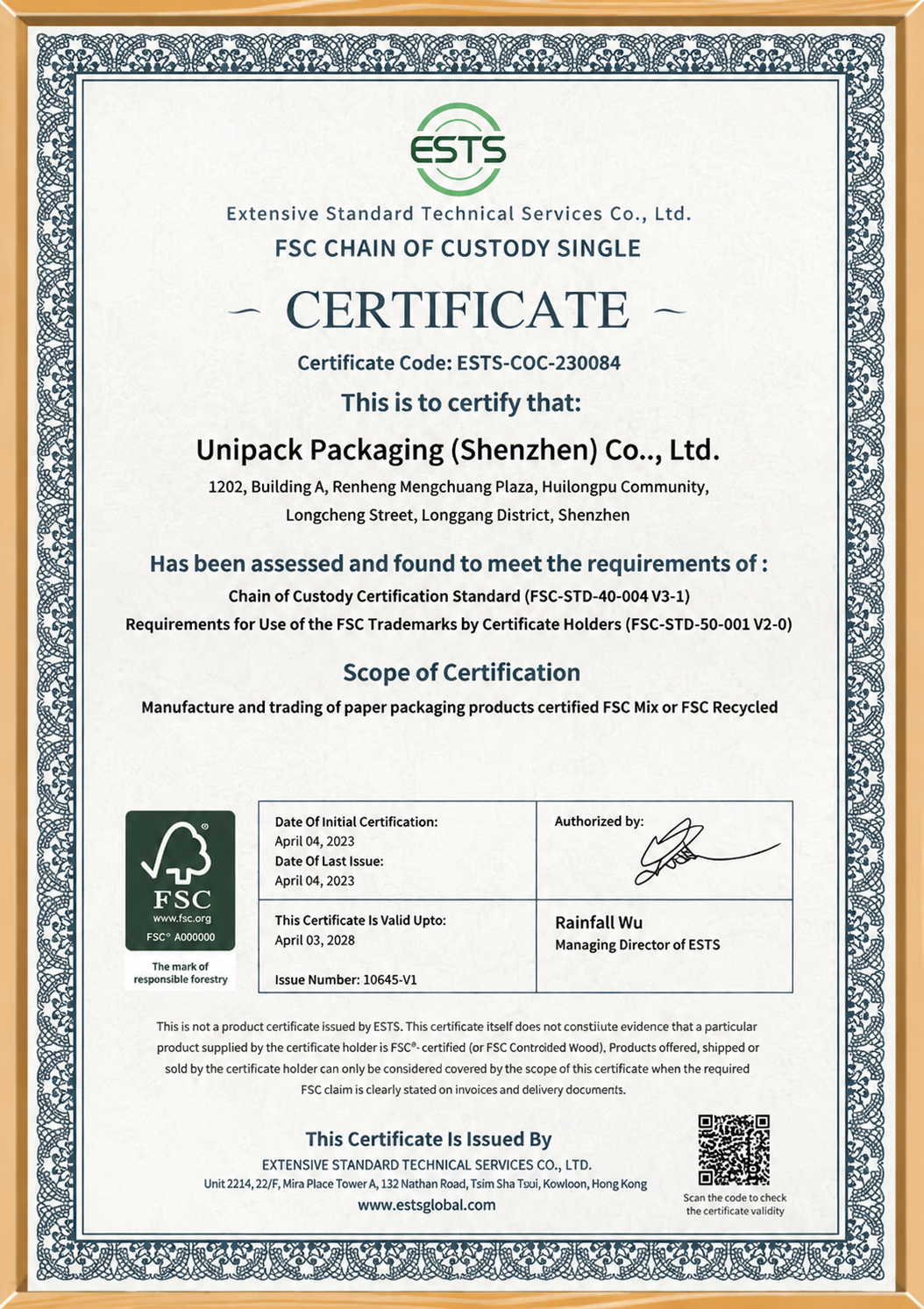 UNIPACK FSC Chain of Custody Certificate