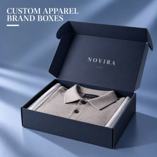 Custom apparel brand boxes with luxury clothing packaging design and premium rigid box presentation
