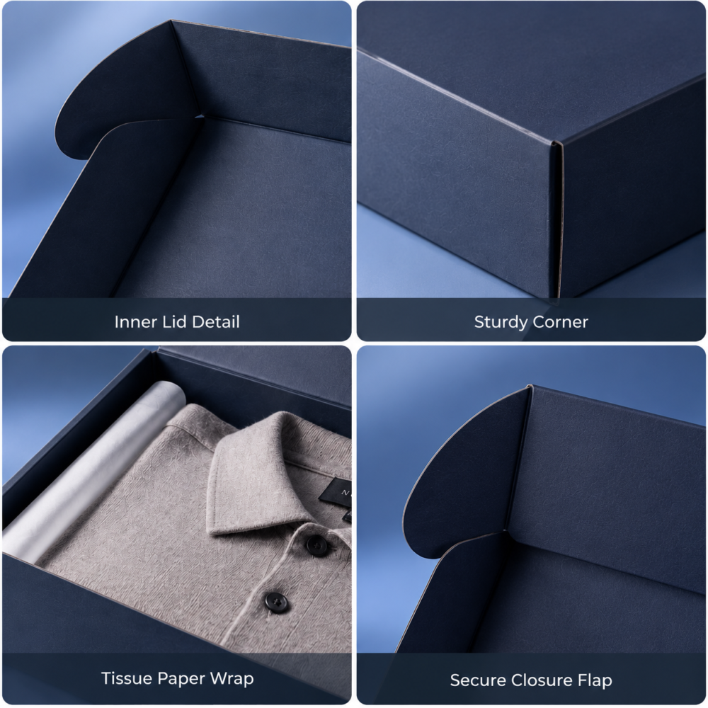 Custom apparel brand boxes featuring premium clothing packaging box structure and elegant fashion brand presentation