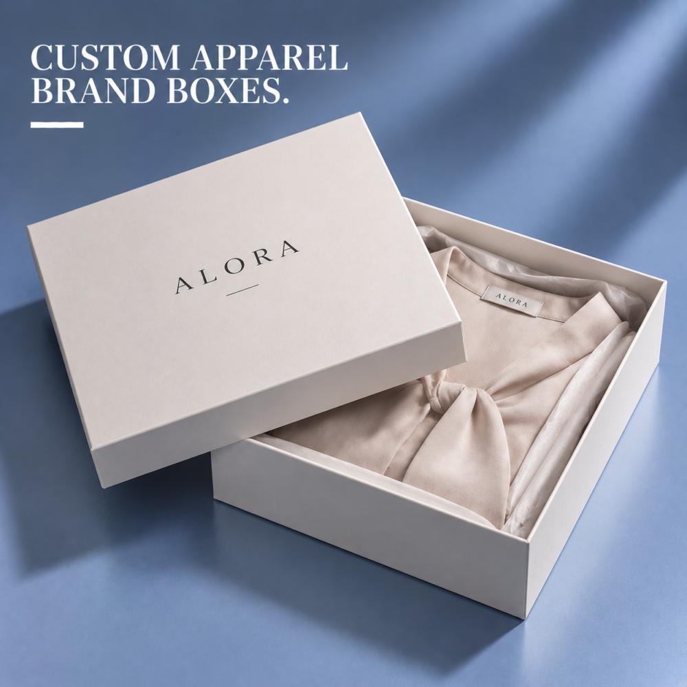 Custom apparel brand boxes with custom printed clothing packaging and luxury gift box style design